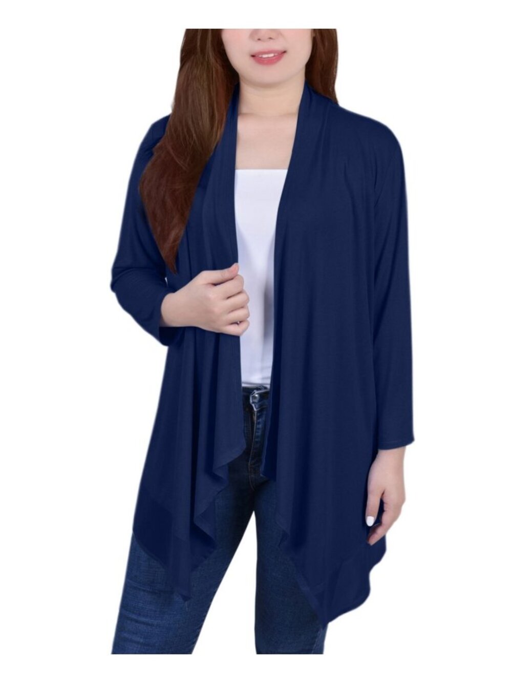 NY Collection Womens Petites Knit Open Front Blouse Navy Blue Size PXL NWT
